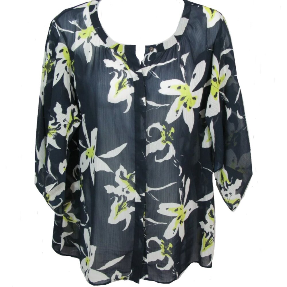 Brand New CLUB MONACO Sheer Textured Navy Floral Print Kimono Sleeve Blouse